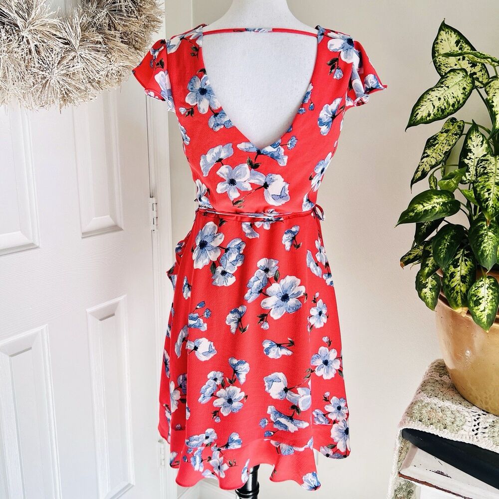 Love & Piece Collective Coral Orange & Blue Floral True Wrap Dress Lined Medium - Picture 6 of 10